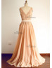 Deep V Back Champagne Tulle Lace Beaded Prom Dress